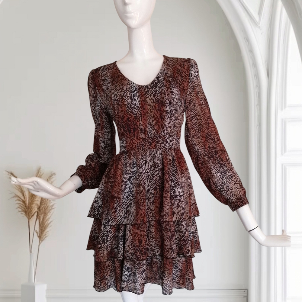 Tiered Long Sleeve Ruffled Dress in Brown Animal Print